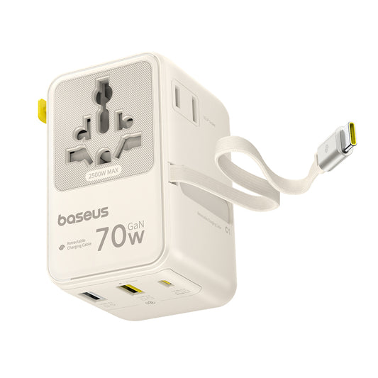 Caricatore da rete con cavo USB-C Baseus Travel EnerCore CG11, 70W, 2 x Presa - 1 x USB-C - 2 x USB-A, Bianco E0307E01