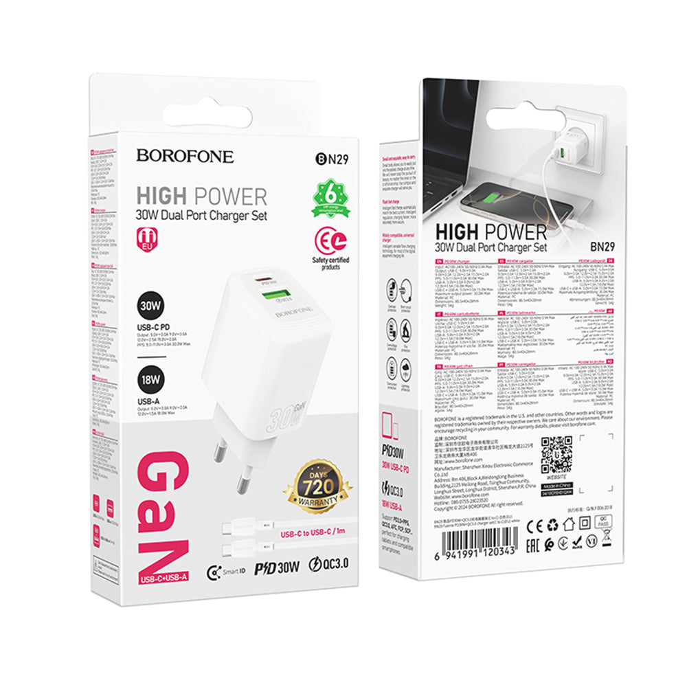 Caricabatterie Rete Con Cavo USB-C Borofone BN29 Fuente, 30W, 3A, 1 x USB-A - 1 x USB-C, Bianco