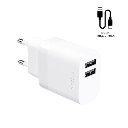 Caricabatterie Retea con Cavo USB-C Fixed, 17W, 3A, 2 x USB-A, Bianco