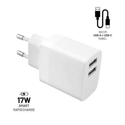 Caricabatterie Retea con Cavo USB-C Fixed, 17W, 3A, 2 x USB-A, Bianco
