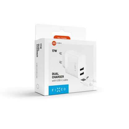Caricabatterie Retea con Cavo USB-C Fixed, 17W, 3A, 2 x USB-A, Bianco
