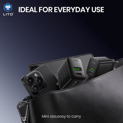 Caricabatterie Rete Con Cavo USB-C Lito LC19T, 30W, 3A, 1 x USB-A - 1 x USB-C, Nero