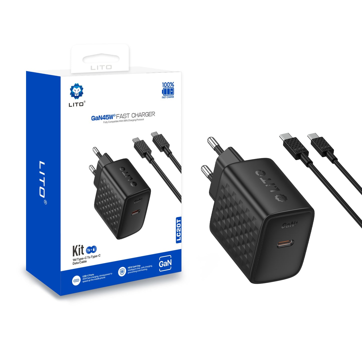 Caricabatterie Retea Con Cavo USB-C Lito LC20T, 45W, 3A, 1 x USB-C, Nero