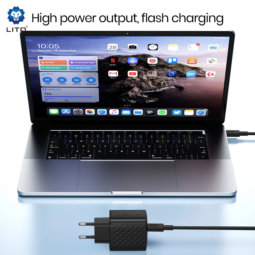 Caricabatterie Retea Con Cavo USB-C Lito LC20T, 45W, 3A, 1 x USB-C, Nero