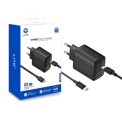 Caricabatterie Rete con Cavo USB-C Lito LC25T, 65W, 3.25A, 1 x USB-A - 2 x USB-C, Nero