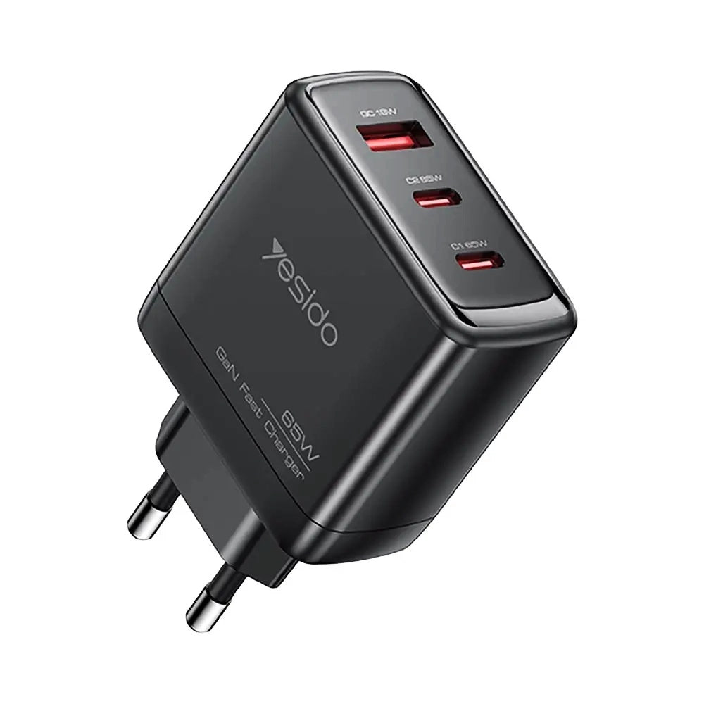 Caricabatterie da rete con cavo USB-C Yesido YC144C, 65W, 3.25A, 1 x USB-A - 2 x USB-C, Nero
