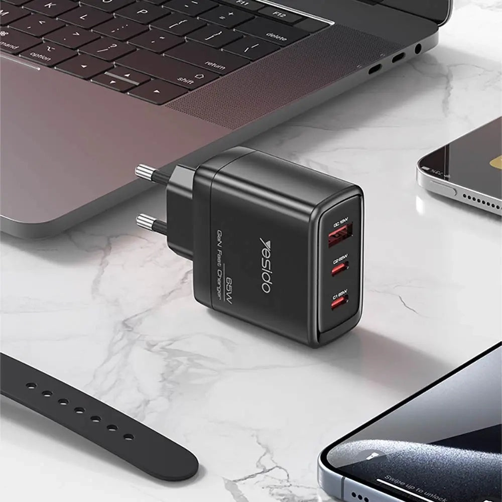 Caricabatterie da rete con cavo USB-C Yesido YC144C, 65W, 3.25A, 1 x USB-A - 2 x USB-C, Nero