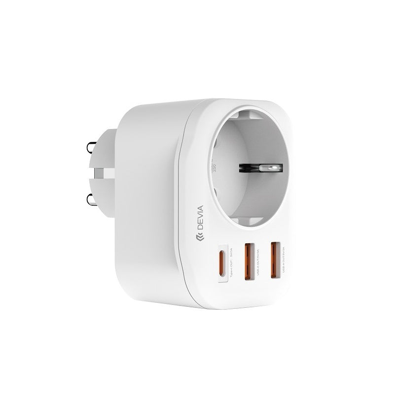 Caricabatterie Rete DEVIA WW09-F-PD, 20W, 3A, 2 x USB-A - 1 x USB-C - 1 x Schuko, Bianco