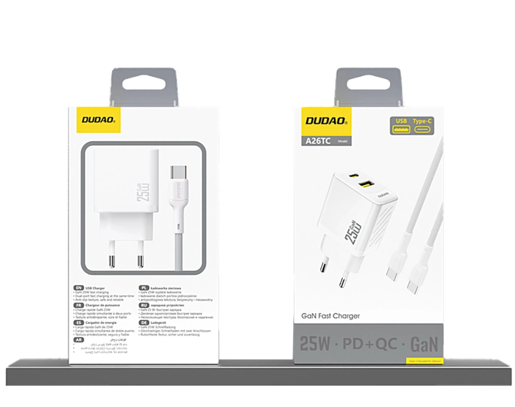 Caricabatterie Rete Dudao A26T, 25W, 3A, 1 x USB-A - 1 x USB-C, Bianco