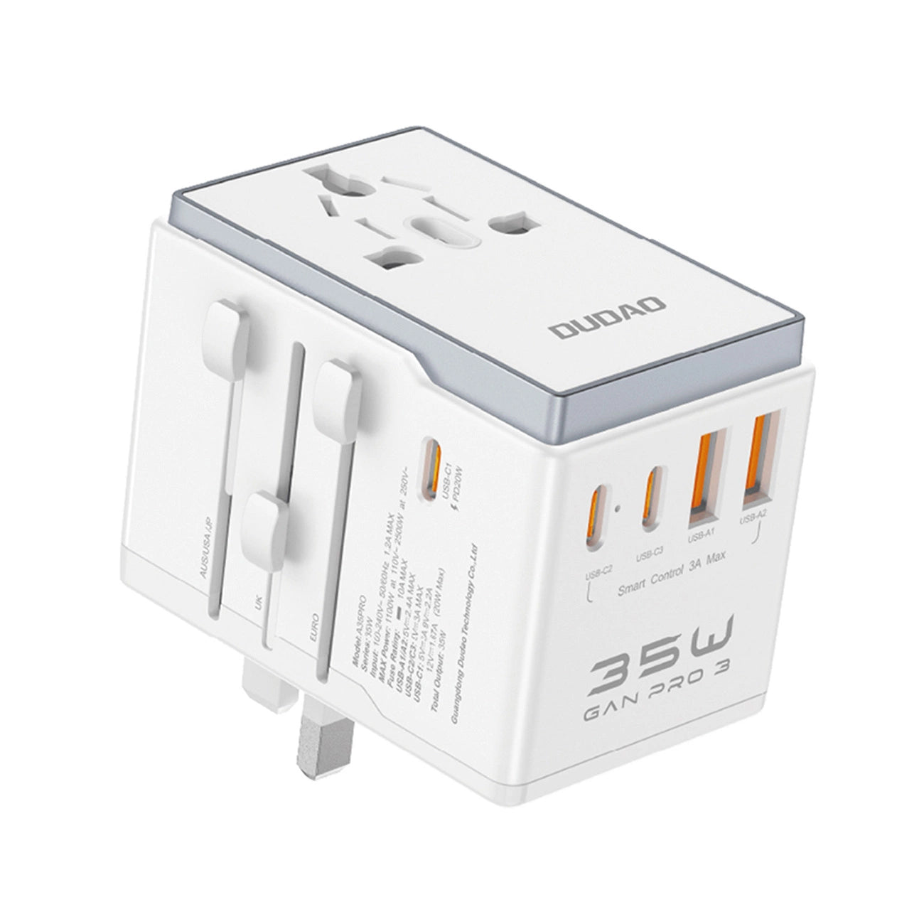 Caricabatterie di rete Dudao Travel A35Pro, 35W, 3A, 2 x USB-A - 3 x USB-C, Bianco 