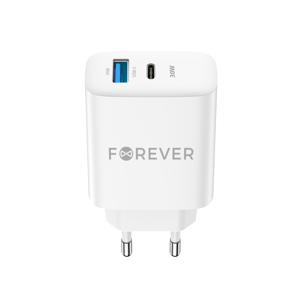 Caricatore di rete Forever TC-07-30AC, 30W, 3A, 1 x USB-A - 1 x USB-C, bianco