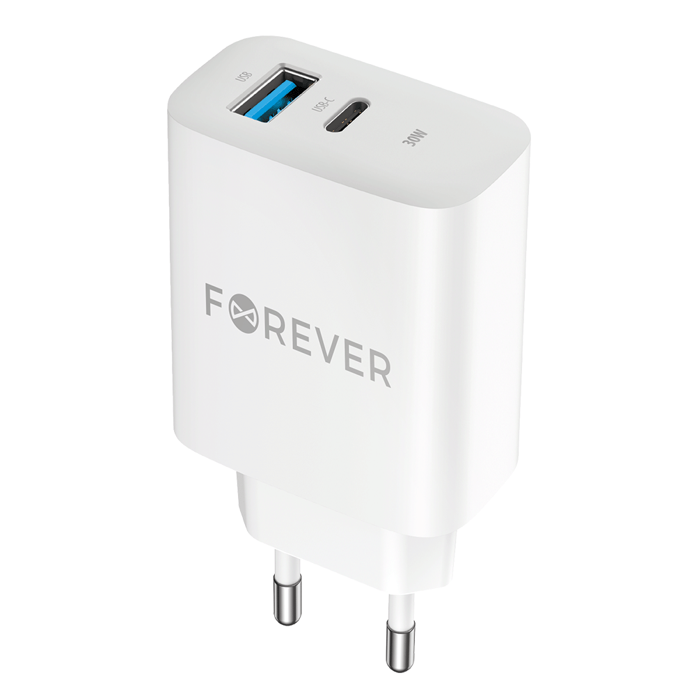 Caricatore di rete Forever TC-07-30AC, 30W, 3A, 1 x USB-A - 1 x USB-C, bianco