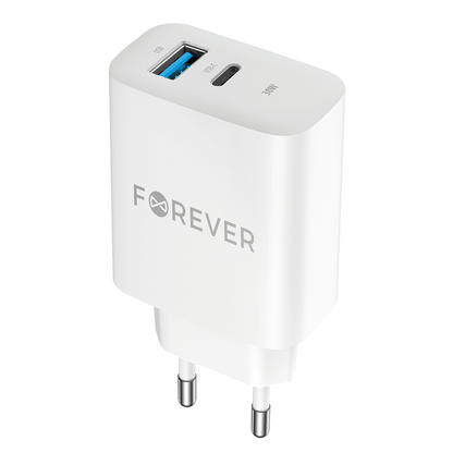 Caricatore di rete Forever TC-07-30AC, 30W, 3A, 1 x USB-A - 1 x USB-C, bianco