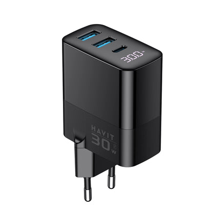 HAVIT UCLE001 Network Charger, 30W, 3A, 2 x USB-A - 1 x USB-C, Black