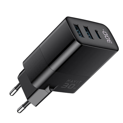 HAVIT UCLE001 Network Charger, 30W, 3A, 2 x USB-A - 1 x USB-C, Black