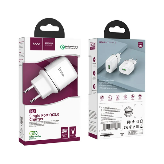 Caricatore da rete HOCO N3, 18W, 3A, 1 x USB-A, Bianco