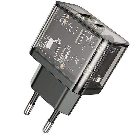 Caricabatterie Rete HOCO N34, 20W, 3A, 1 x USB-A - 1 x USB-C, Trasparente