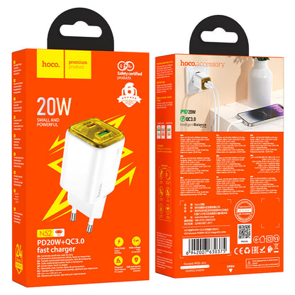 Caricabatterie Rete HOCO N52, 20W, 3A, 1 x USB-A - 1 x USB-C, Bianco
