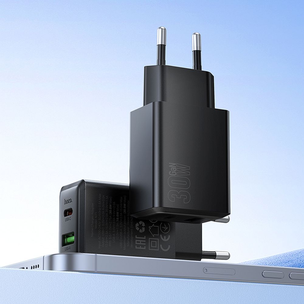 Caricabatterie da Rete HOCO N71, 30W, 3A, 1 x USB-A - 1 x USB-C, Nero