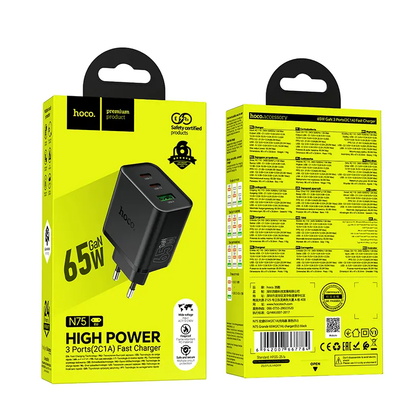 Caricabatterie da Rete HOCO N75, 65W, 3A, 1 x USB-A - 2 x USB-C, Nero