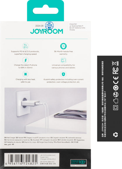 Caricabatterie di rete Joyroom JR-TCF14, 20W, 3A, 1 x USB-A - 1 x USB-C, bianco 