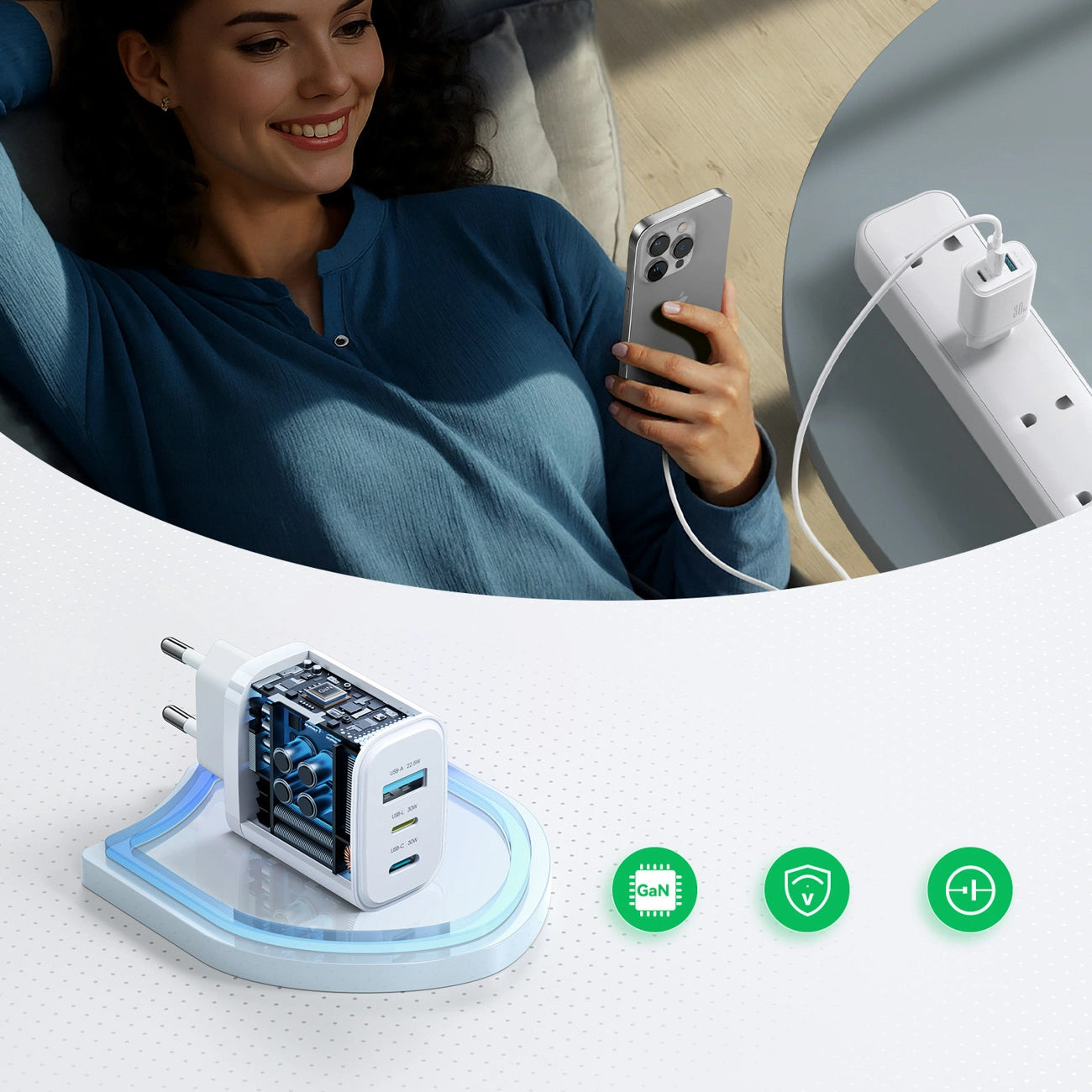 Caricatore da rete Joyroom JR-TG6, 30W, 3A, 1 x Lightning - 1 x USB-A - 1 x USB-C, Bianco