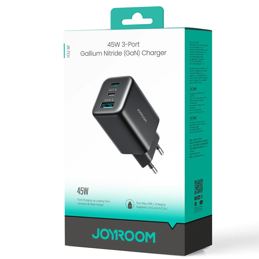 Caricatore da rete Joyroom JR-TO1, 45W, 3A, 1 x Lightning - 1 x USB-A - 1 x USB-C, Nero