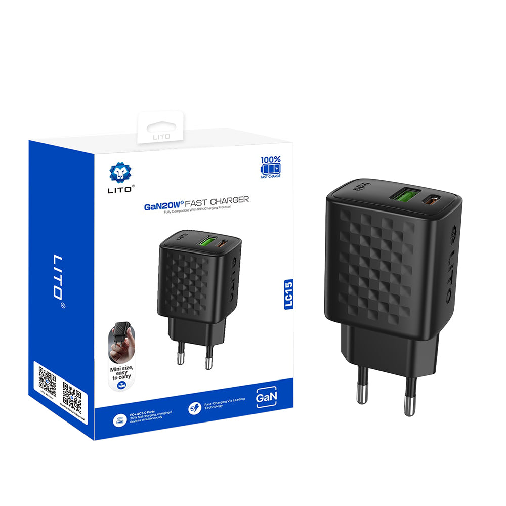 Caricabatterie Rete Lito LC15, 20W, 3A, 1 x USB-A - 1 x USB-C, Nero