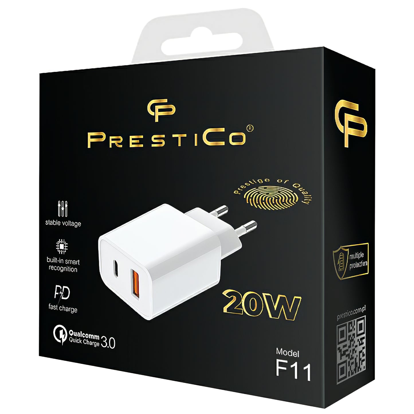 Caricabatterie di rete Prestico F11, 20W, 3A, 1 x USB-A - 1 x USB-C, Bianco 