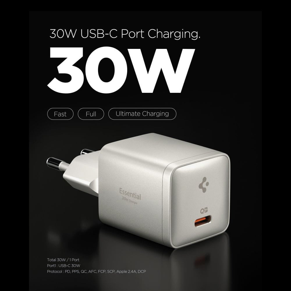 Caricatore da rete Spigen EE301EU Essential, 30W, 3A, 1 x USB-C, Grigio Titanio ACH10448