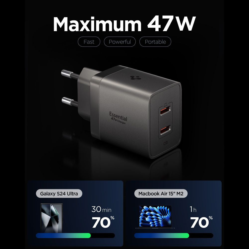Caricatore da rete Spigen EE472EU Essential, 47W, 3A, 2 x USB-C, Grigio ACH10450