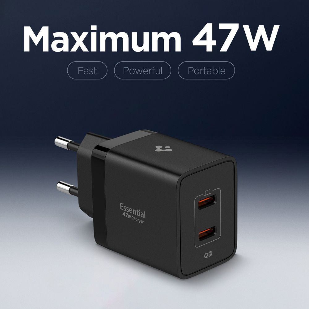 Spigen Essential Network Charger, 47W, 3A, 2 x USB-C, Black ACH09457