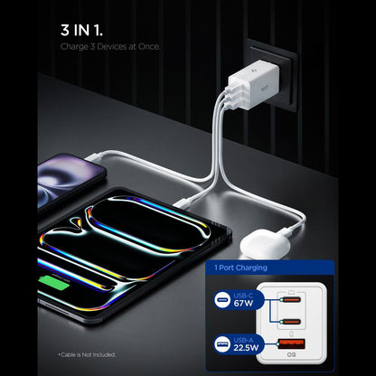 Caricabatterie Retea Spigen Essential, 67W, 3.25A, 1 x USB-A - 2 x USB-C, Bianco ACH08710