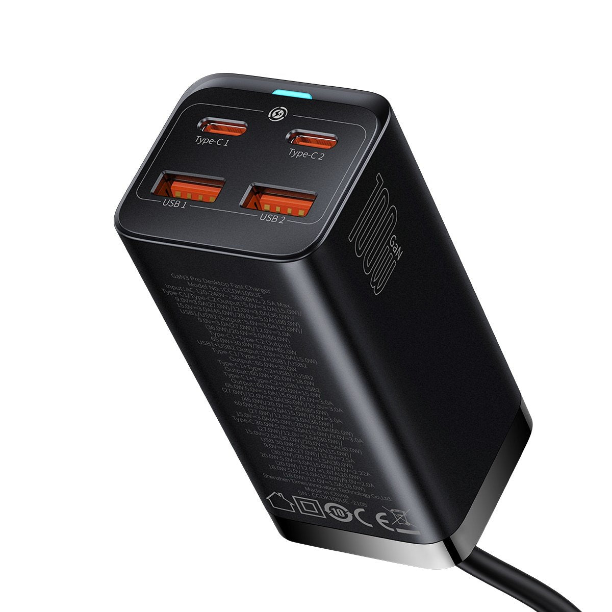 Caricabatterie Stazione Baseus GaN3 Pro, 100W, 5A, 2 x USB-A - 2 x USB-C, Nero CCGP000101
