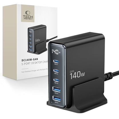 Tech-Protect Caricabatterie di rete DC140W, 140W, 3A, 2 x USB-A - 3 x USB-C, nero 