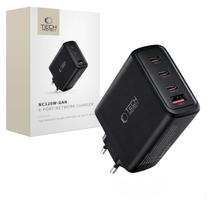 Caricabatterie Retea Tech-Protect NC120W-GAN, 120W, 5A, 1 x USB-A - 3 x USB-C, Nero