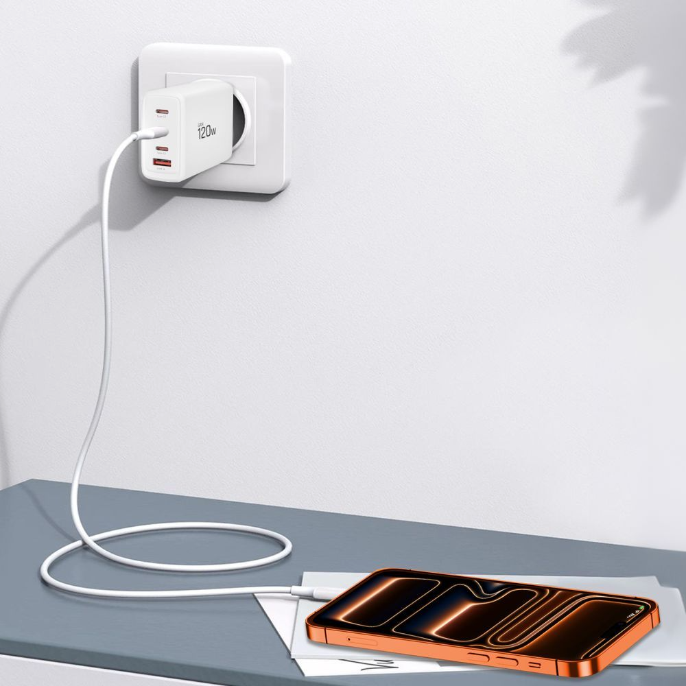 Caricabatterie Retea Tech-Protect NC120W-GAN, 120W, 5A, 1 x USB-A - 3 x USB-C, Bianco