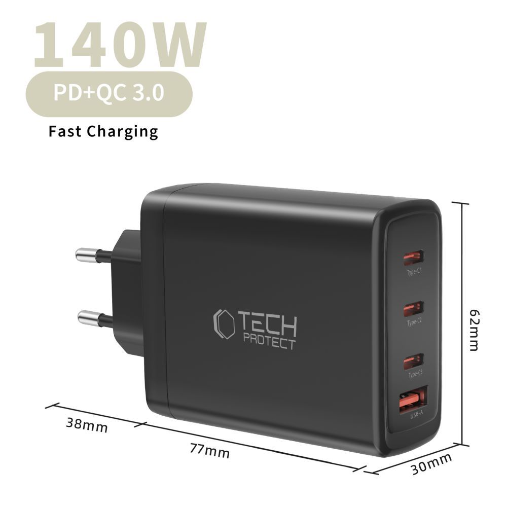 Caricabatterie Retea Tech-Protect NC140W-GAN, 140W, 5A, 1 x USB-A - 3 x USB-C, Nero