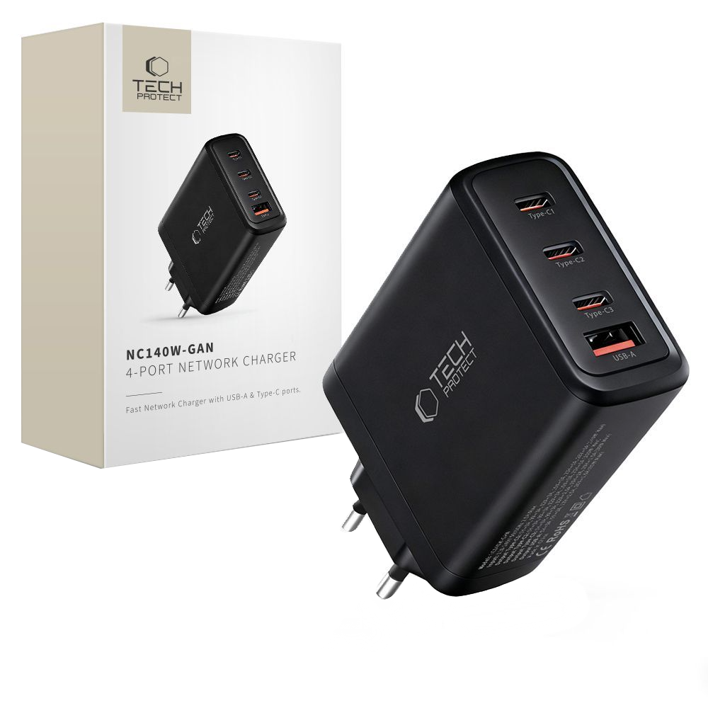 Caricabatterie Retea Tech-Protect NC140W-GAN, 140W, 5A, 1 x USB-A - 3 x USB-C, Nero