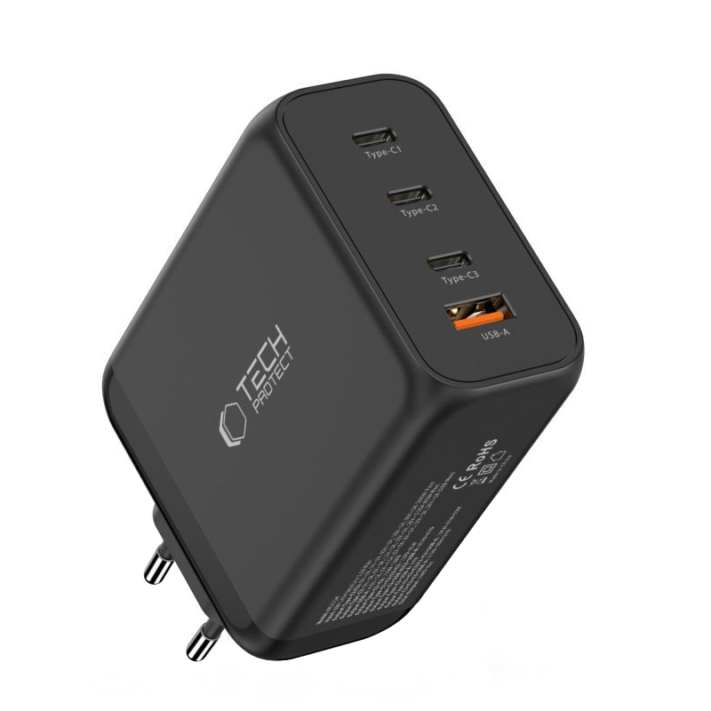 Caricabatterie Retea Tech-Protect NC200W-GAN, 200W, 5A, 1 x USB-A - 3 x USB-C, Nero