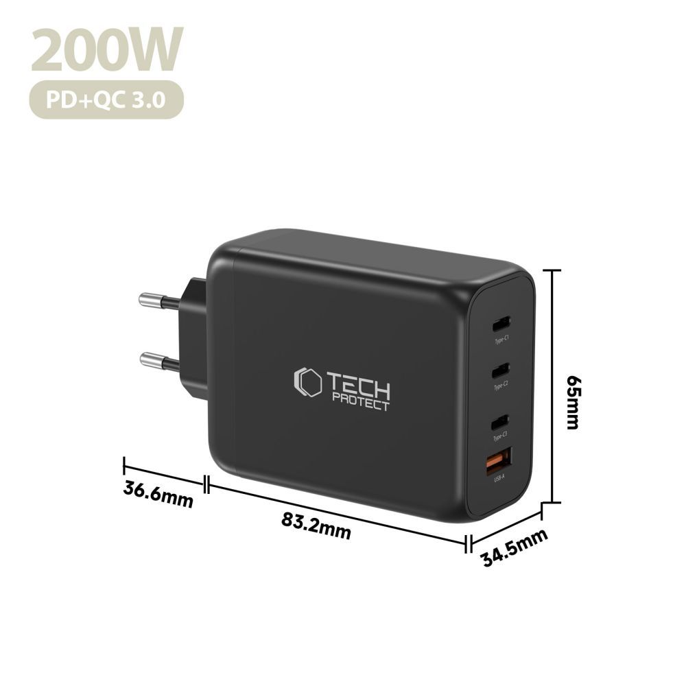 Caricabatterie Retea Tech-Protect NC200W-GAN, 200W, 5A, 1 x USB-A - 3 x USB-C, Nero