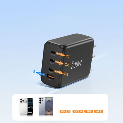 Caricabatterie Retea Tech-Protect NC200W-GAN, 200W, 5A, 1 x USB-A - 3 x USB-C, Nero