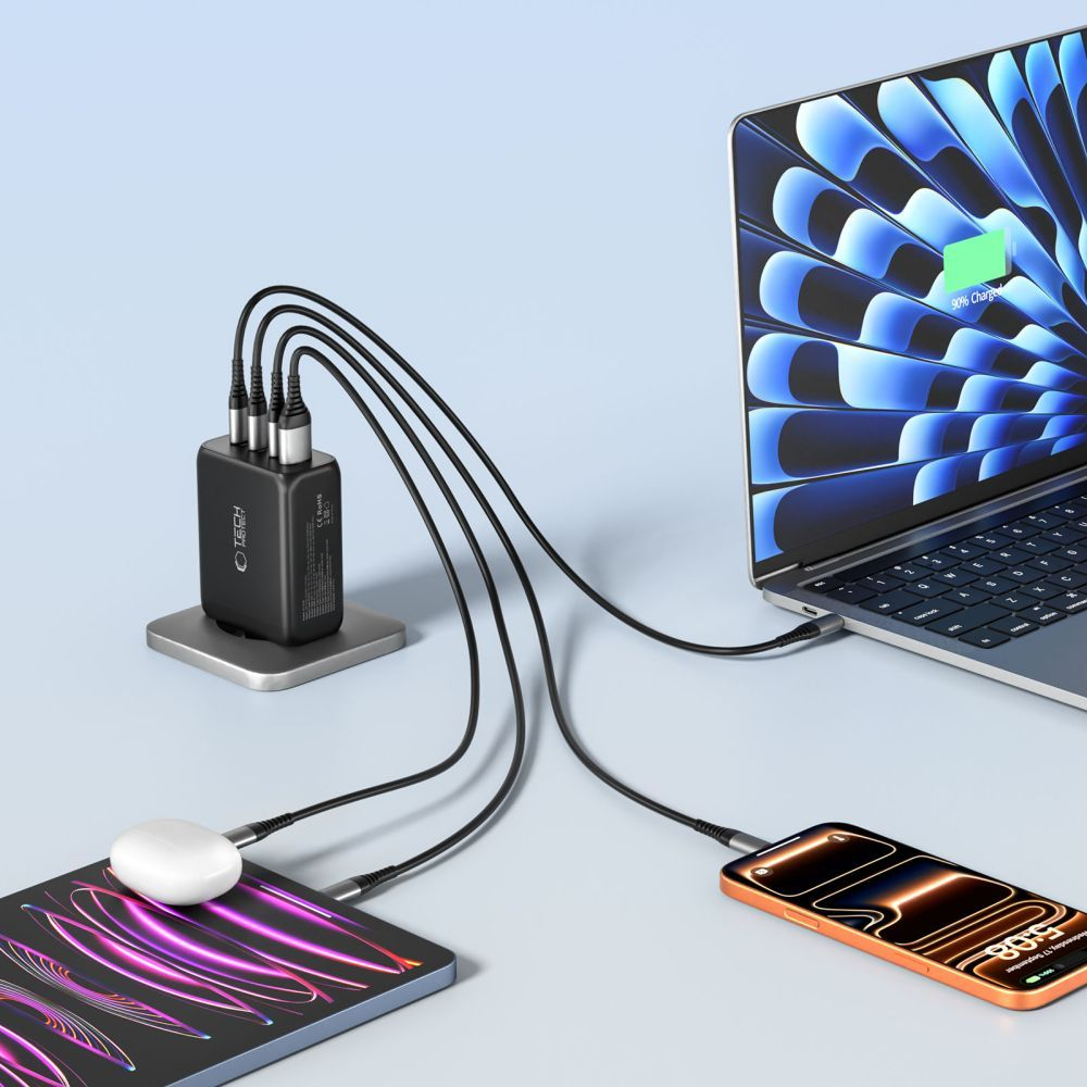 Caricabatterie Retea Tech-Protect NC200W-GAN, 200W, 5A, 1 x USB-A - 3 x USB-C, Nero