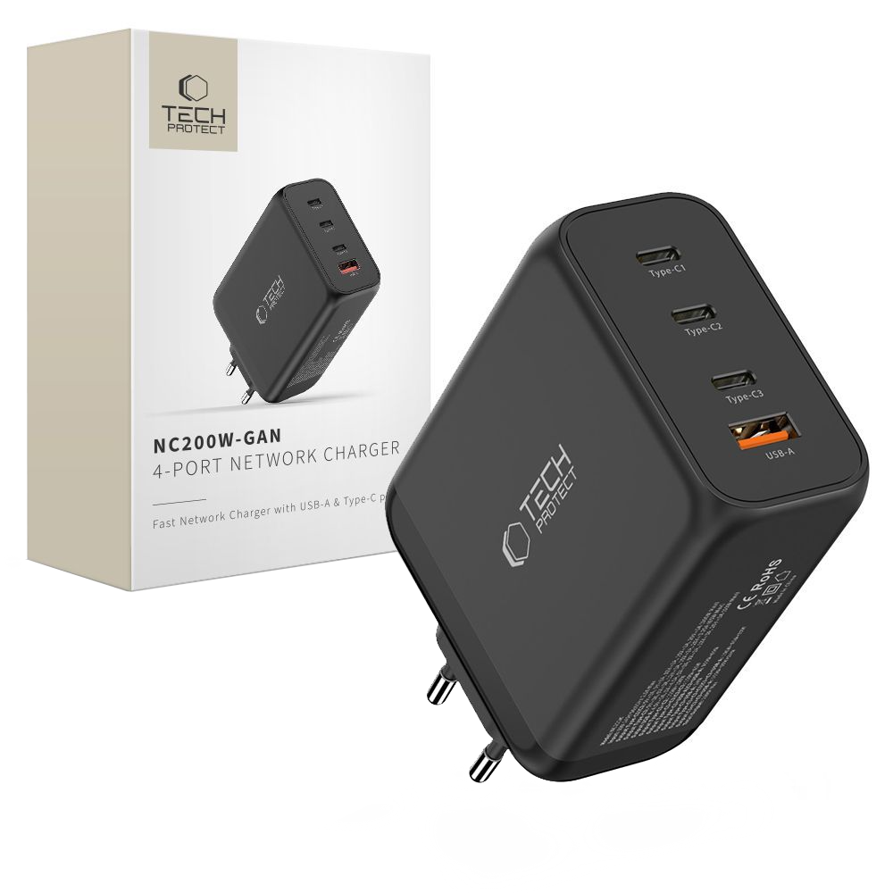 Caricabatterie Retea Tech-Protect NC200W-GAN, 200W, 5A, 1 x USB-A - 3 x USB-C, Nero
