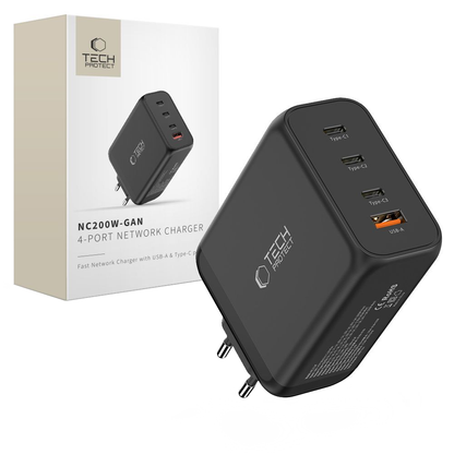 Caricabatterie Retea Tech-Protect NC200W-GAN, 200W, 5A, 1 x USB-A - 3 x USB-C, Nero