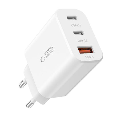 Caricabatterie di rete Tech-Protect NC30W, 30W, 3A, 1 x USB-A - 2 x USB-C, Bianco 