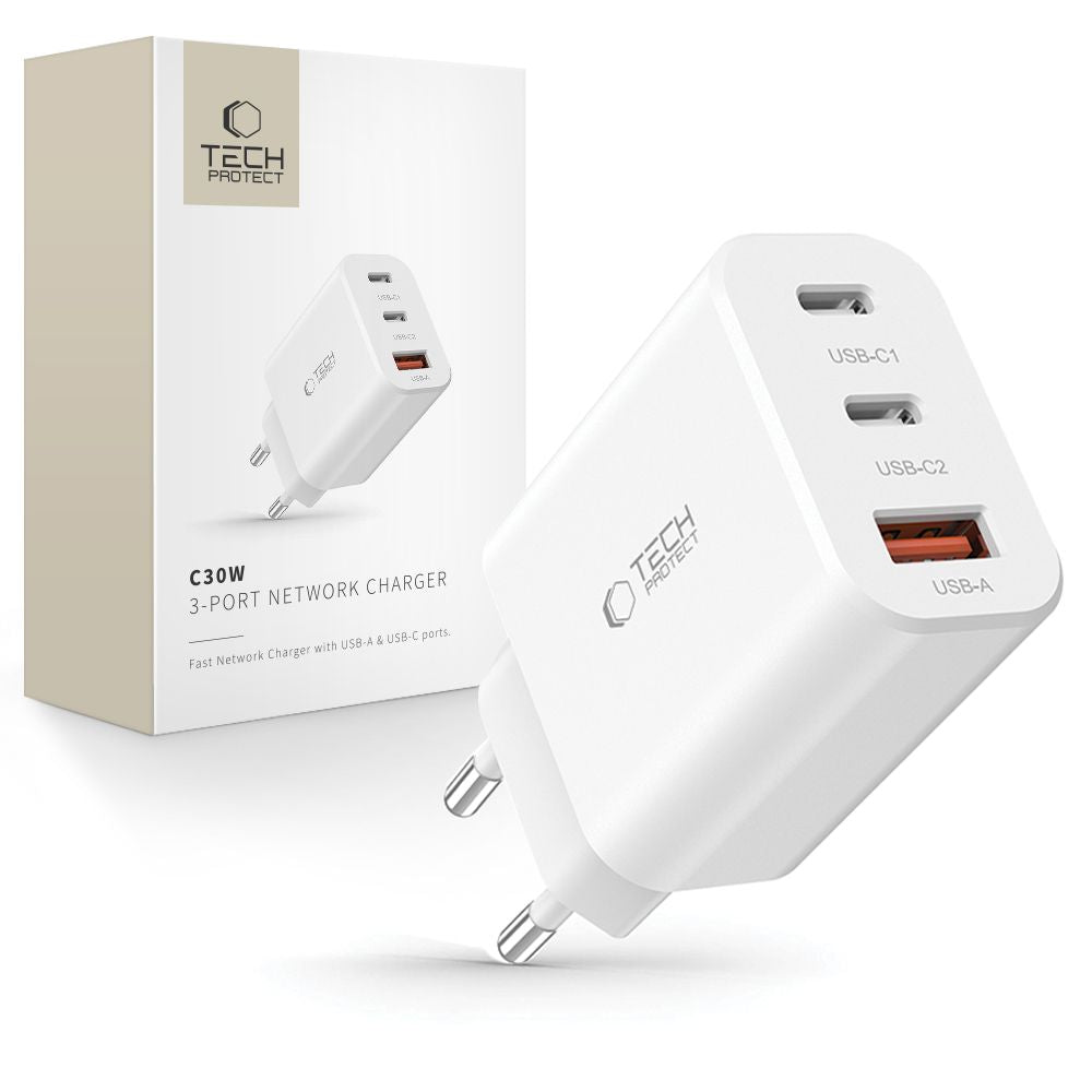 Caricabatterie di rete Tech-Protect NC30W, 30W, 3A, 1 x USB-A - 2 x USB-C, Bianco 