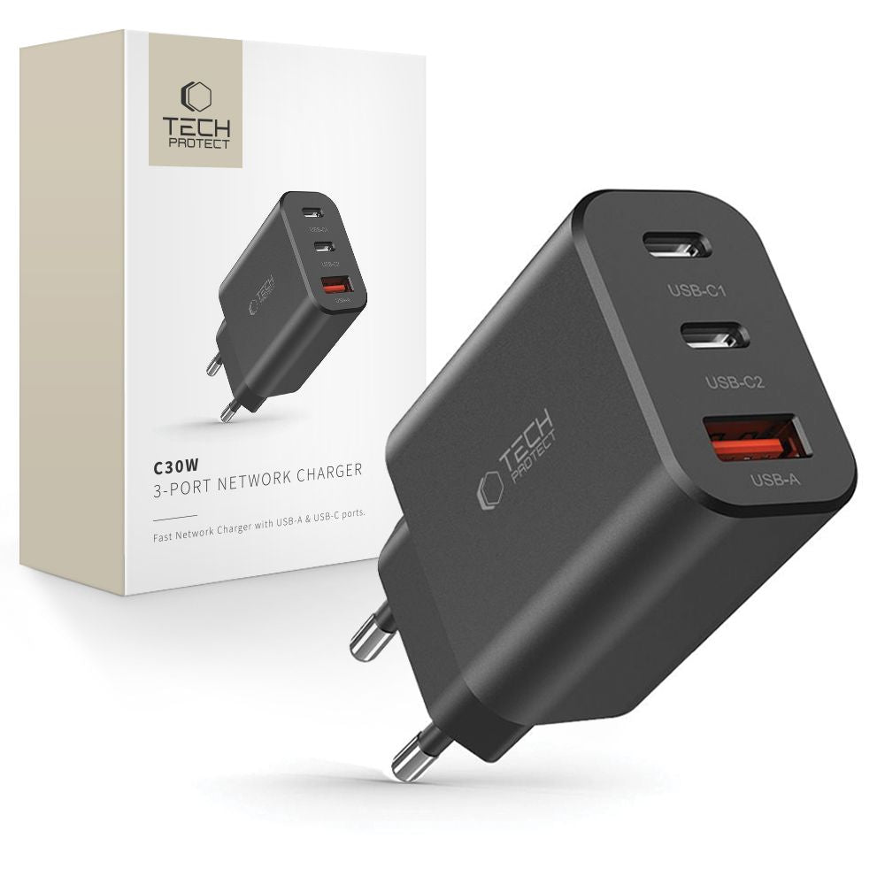 Caricatore di rete Tech-Protect NC30W, 30W, 3A, 1 x USB-A - 2 x USB-C, nero 