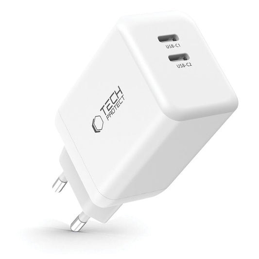 Caricabatterie di rete Tech-Protect NC45W, 45W, 3A, 2 x USB-C, bianco 