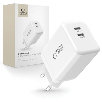 Caricabatterie di rete Tech-Protect NC45W, 45W, 3A, 2 x USB-C, bianco 